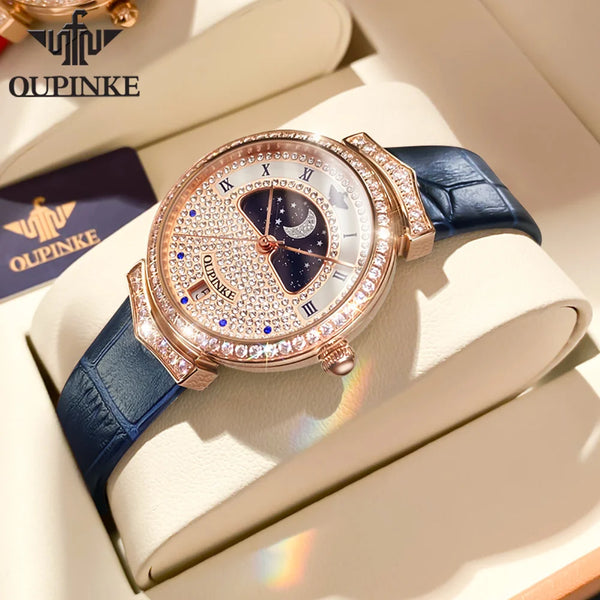 OUPINKE Montre à Quartz avec Phase de Lune pour Femme