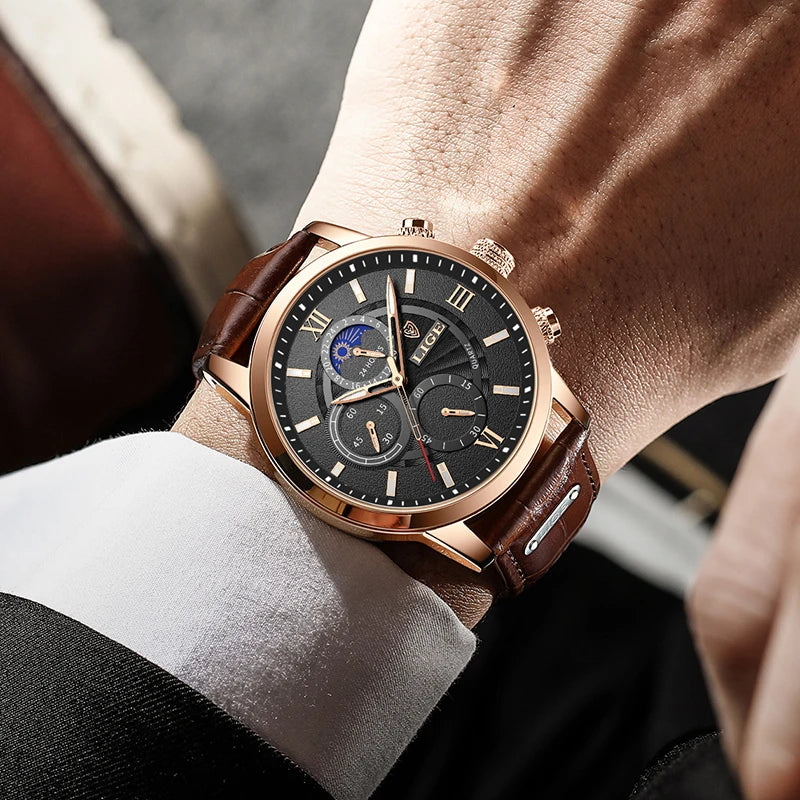 Montre LIGE TOP à quartz en cuir étanche pour homme