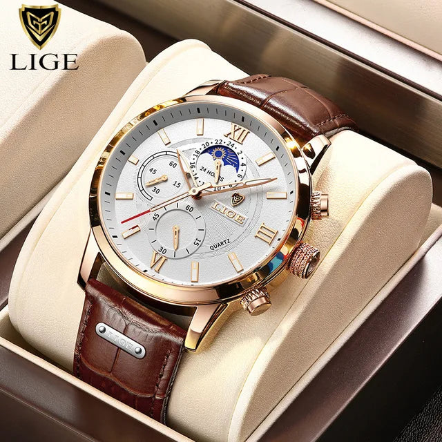 Montre LIGE TOP à quartz en cuir étanche pour homme