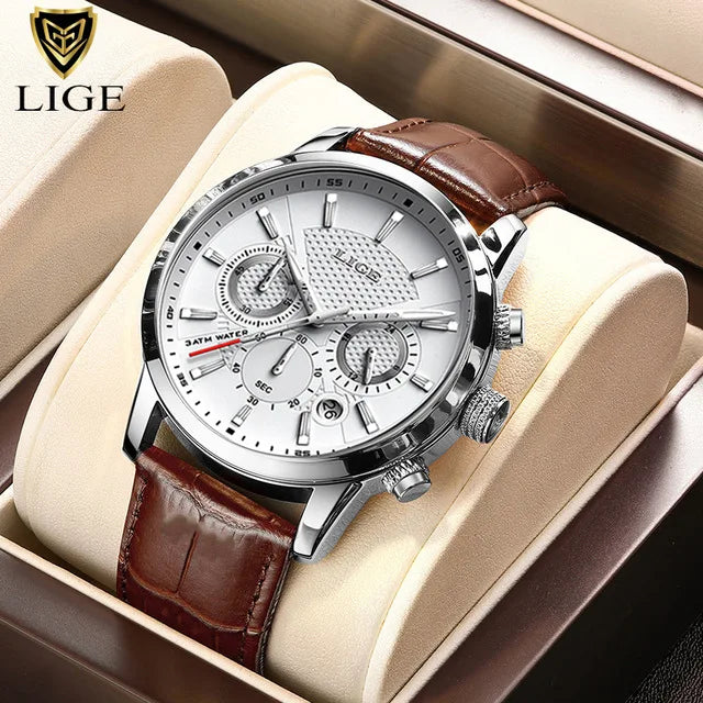 Montre LIGE TOP à quartz en cuir étanche pour homme