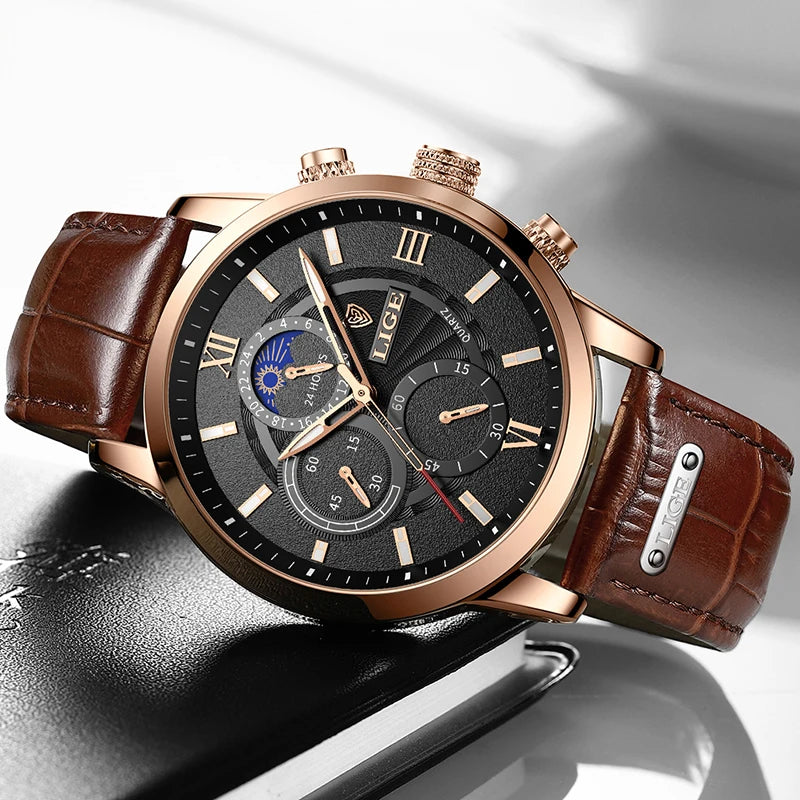 Montre LIGE TOP à quartz en cuir étanche pour homme