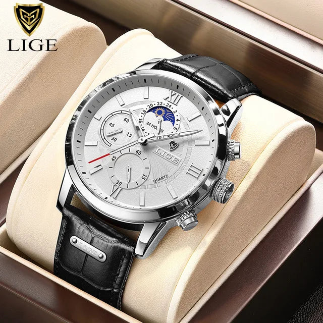Montre LIGE TOP à quartz en cuir étanche pour homme