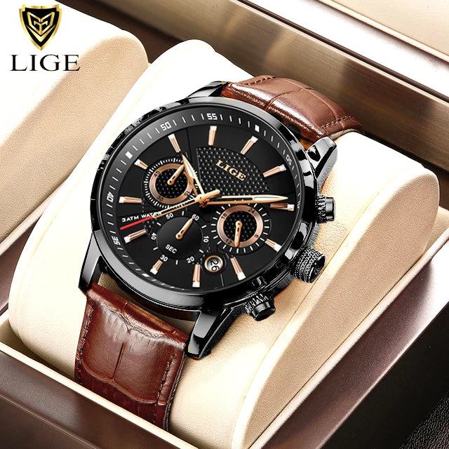 Montre LIGE TOP à quartz en cuir étanche pour homme