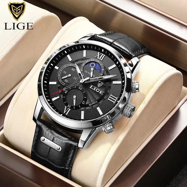 Montre LIGE TOP à quartz en cuir étanche pour homme