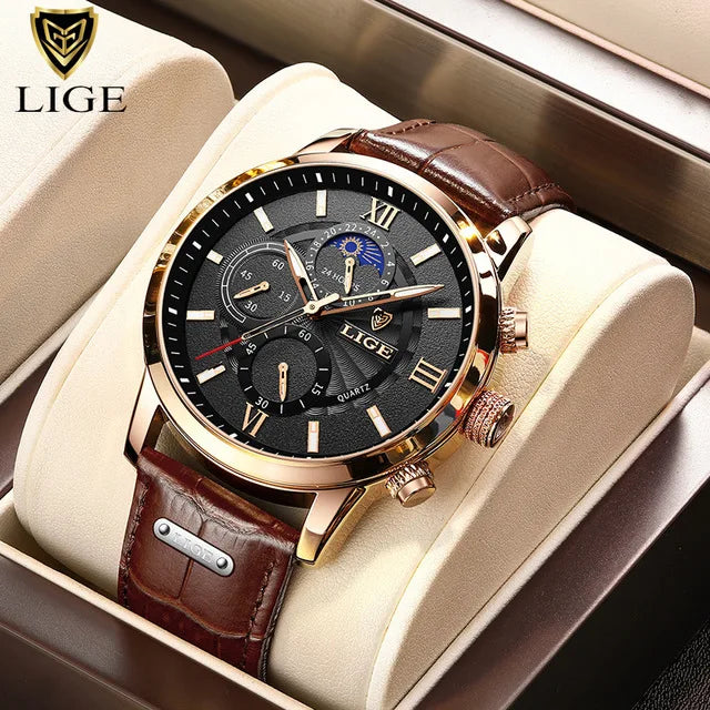 Montre LIGE TOP à quartz en cuir étanche pour homme
