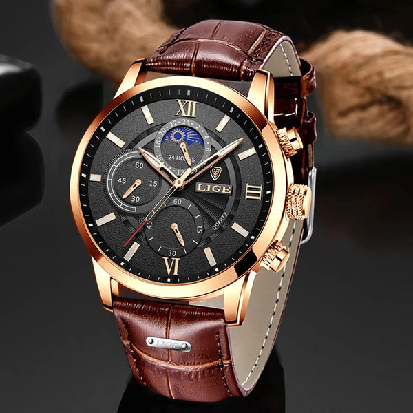 Montre LIGE TOP à quartz en cuir étanche pour homme