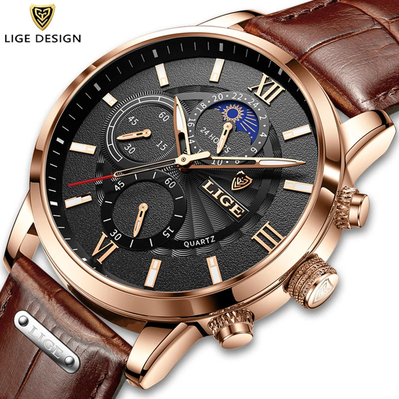 Montre LIGE TOP à quartz en cuir étanche pour homme