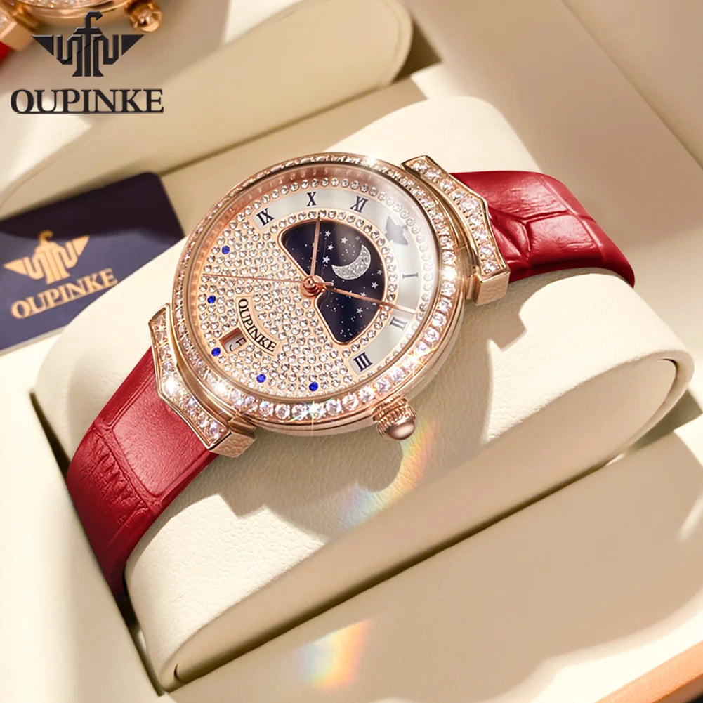 OUPINKE Montre à Quartz avec Phase de Lune pour Femme